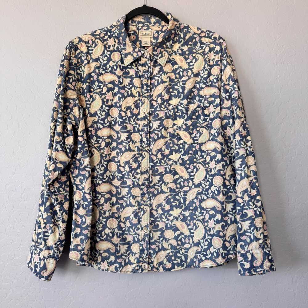 LLBean Medium Long Sleeve Button Down Shirt Blue Paisley Floral Print Corduroy